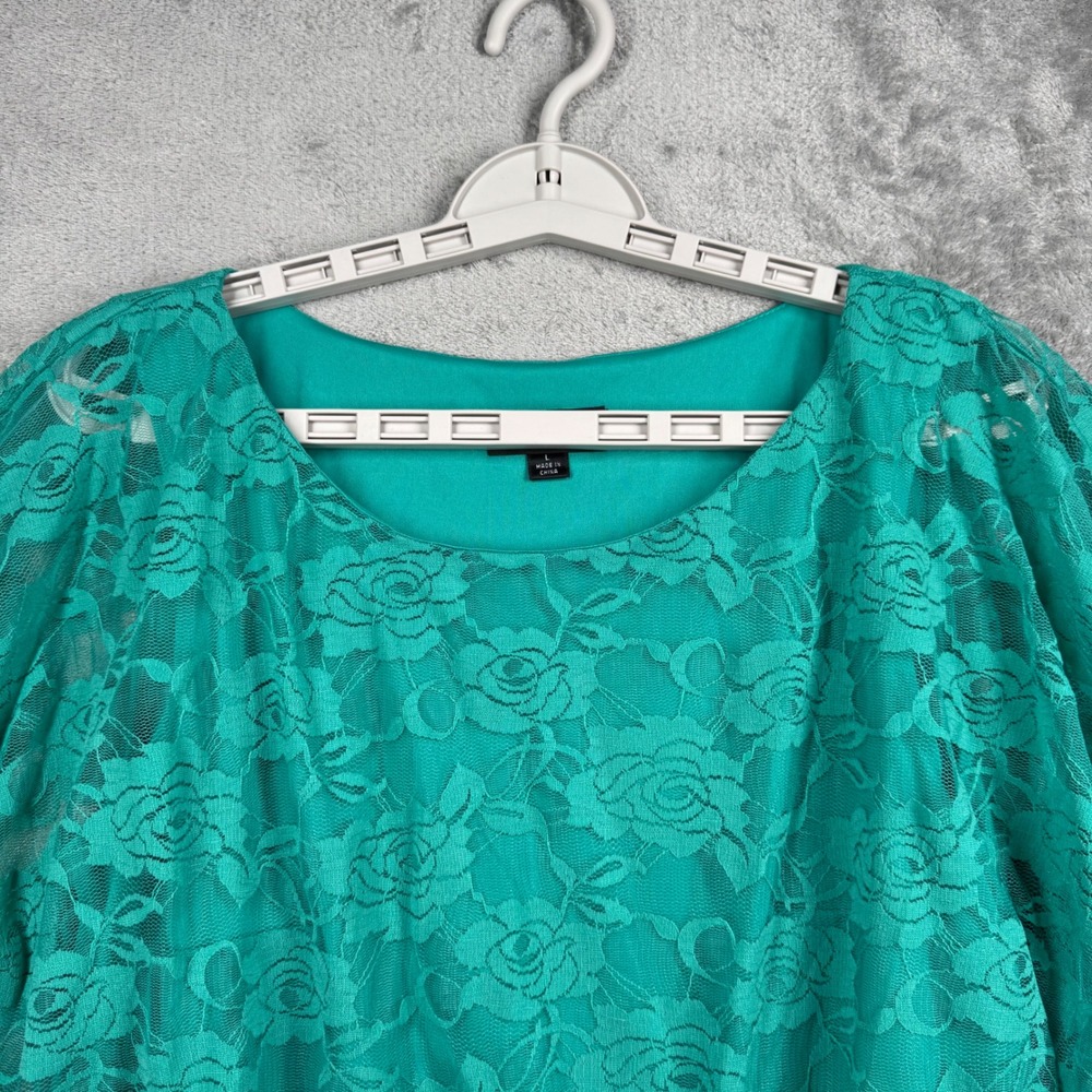 AB Studio Blouse L Green Lace Blouson Top Sheer Lined Overlay Banded Waist‎ Chic - Picture 4 of 12